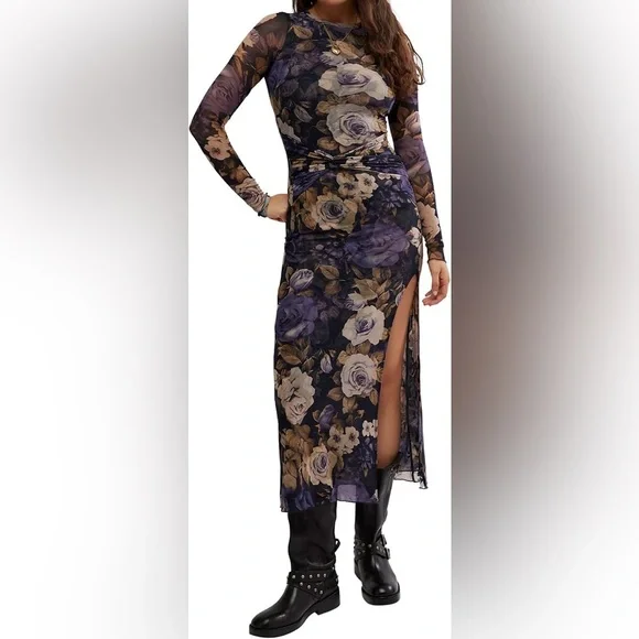 Free People Mesh Romantic Slit Maxi Dress Bodycon Whimsigoth Stretch Boho - Picture 10 of 10